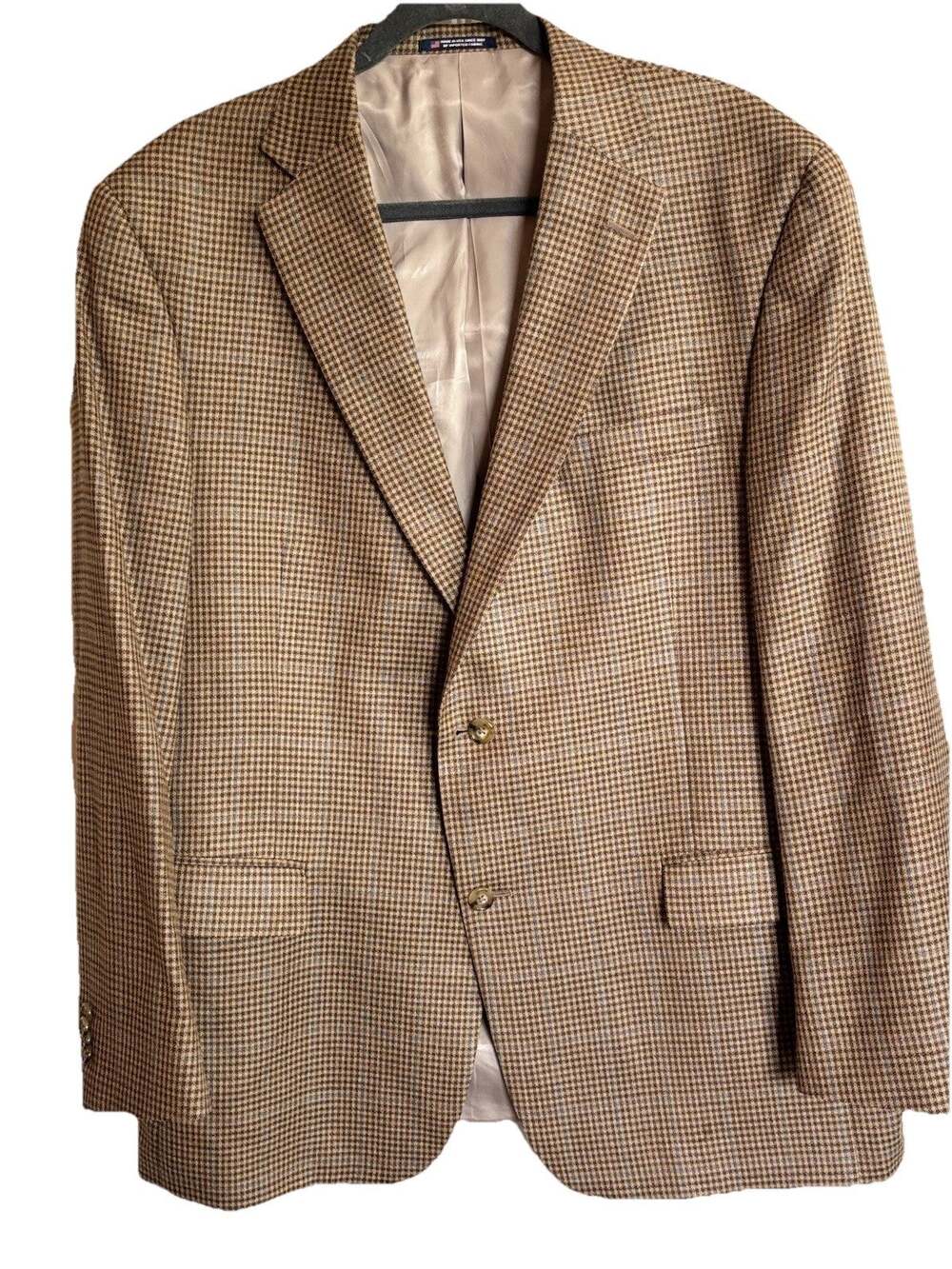 Hart Schaffer Marx Men’s Wool Sport Coat 44R Brown Blue Houndstooth VTG Business